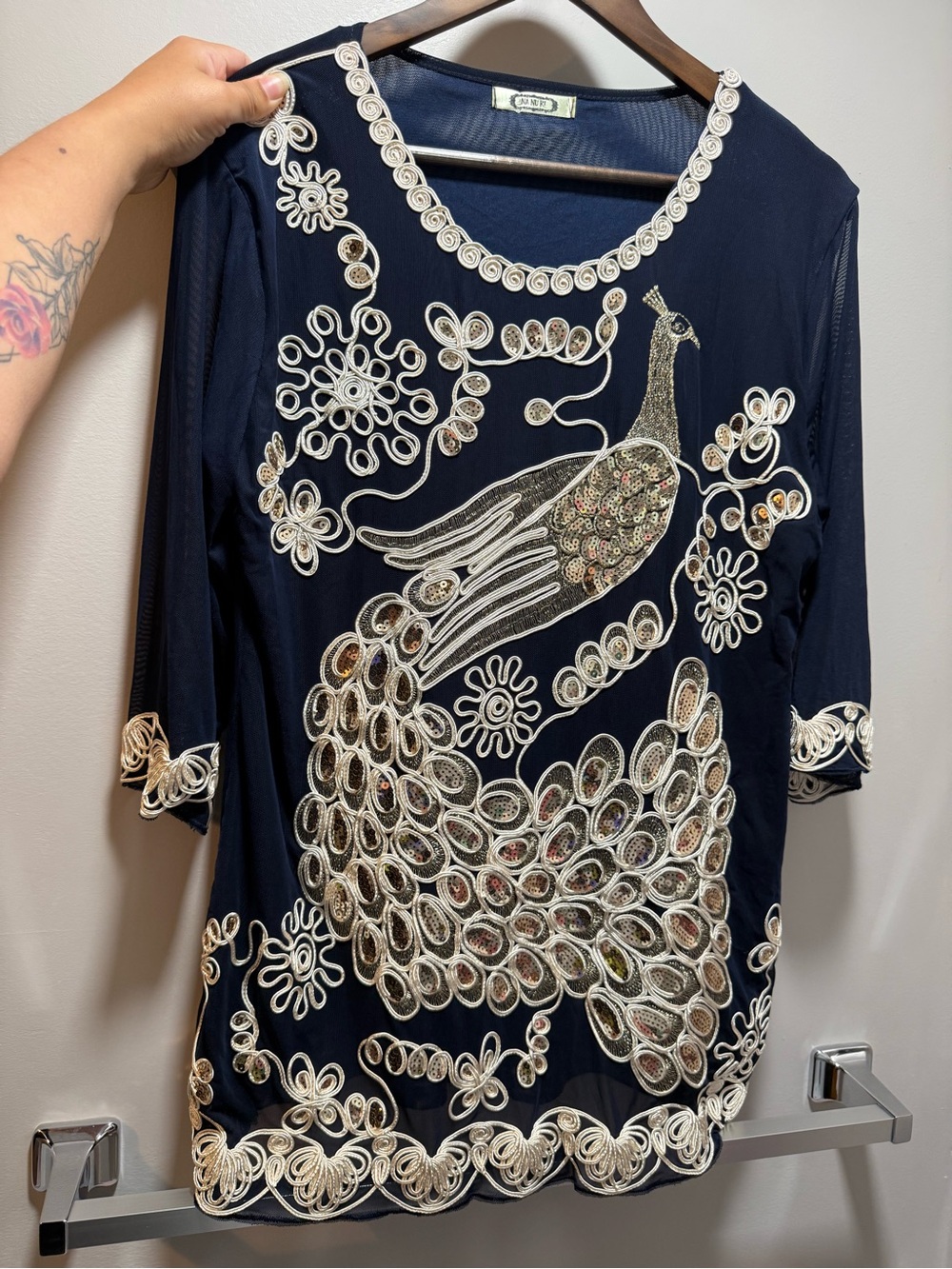 Navy Embellished Peacock Appliqué Blouse